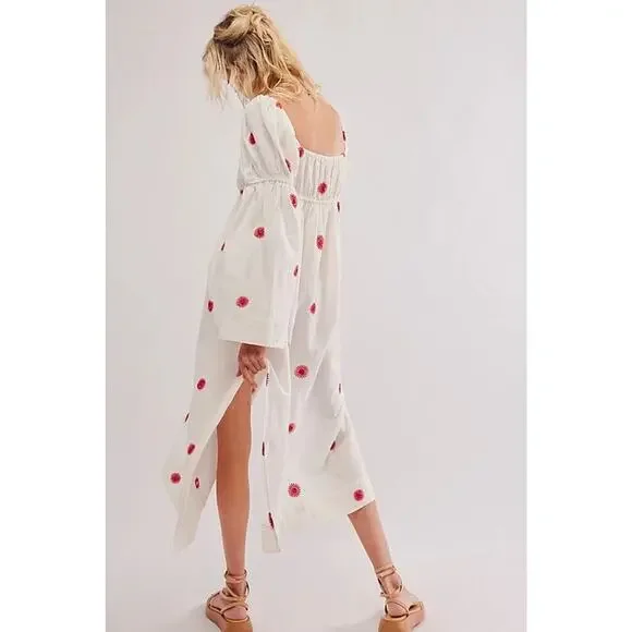 Free People Emory Embroidered Midi Dress White/Red S/P A001147 - Picture 2 of 11